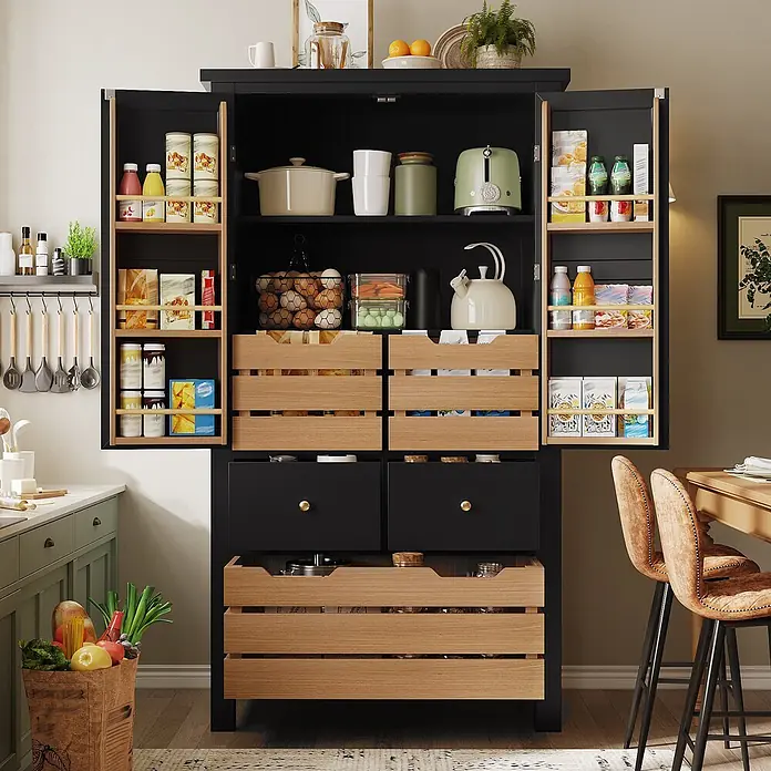 SONNENH Holz-Mehrzweckschrank mit Türregalen und Körben, Schwarz -  - Schwarzer Vorratsschrank mit hellbraunen Holzauszügen und Türregalen, organisiert Küchenutensilien in modernem Ambiente.