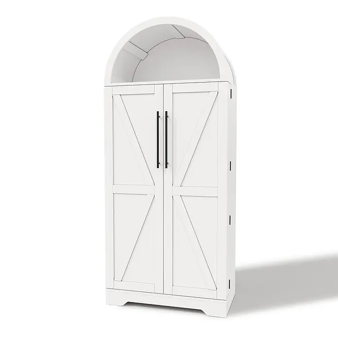 SONNENH Hochschrank mit Rundbogen und Türablagen, Weiß -  - Weißer Aufbewahrungsschrank mit Scheunentor-Stilfronten, schwarzen Griffen und gewölbter Oberseite.