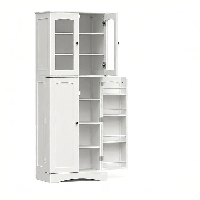 SONNENH Hochschrank mit Türablagen und Acryleinsätzen, Weiß -  - Weißer Holzschrank mit Glastüren oben und Volltüren unten, innen mit Regalböden und Gewürzregal an einer Tür.