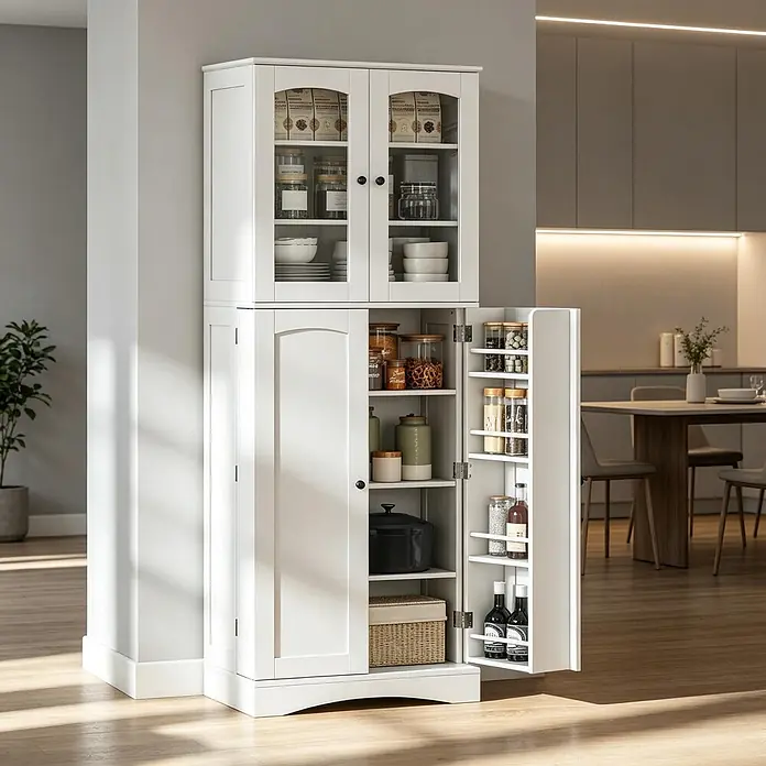 SONNENH Hochschrank mit Türablagen und Acryleinsätzen, Weiß -  - Weißer Vorratsschrank mit oberen Glastüren und unteren Volltüren, eine offenbart organisierte Fächer und einen Tür-Gewürzregal, für Küchenaufbewahrung.