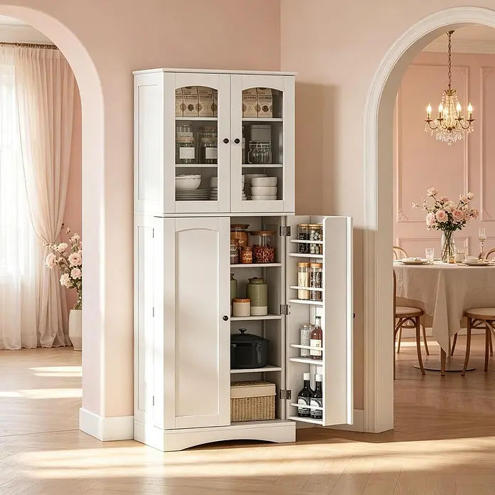 SONNENH Hochschrank mit Türablagen und Acryleinsätzen, Weiß -  - Weißer Vorratsschrank mit Glastüren oben und einer Seitentür mit Gewürzregalen, in einem Haus mit Bogenöffnungen.