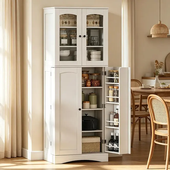 SONNENH Hochschrank mit Türablagen und Acryleinsätzen, Weiß -  - Weißer Küchenschrank mit oberen Glastüren und unteren Vollholztüren, inklusive Gewürzregal, in einem Esszimmer.