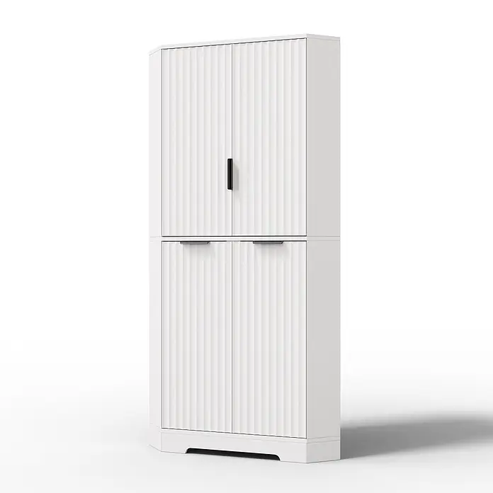 SONNENH Eckschrank mit 4 Türen und verstellbaren Böden, Weiß -  - Weißer zweiteiliger Hochschrank mit geriffelten Türen und schwarzen Griffen.