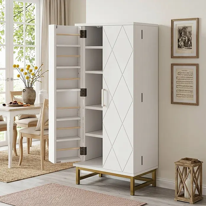 SONNENH Mehrzweckschrank mit Türablagen, Weiß/Gold -  - Weißer Vorratsschrank mit geometrischen Türdetails und goldenen Beinen, geöffnet mit Innenregalen und Türablage, in einem hellen Esszimmer.