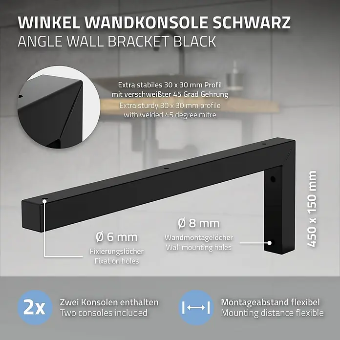 Wandkonsole 2er Set L-Form 450x150 mm Schwarz aus Stahl -  - Schwarze Winkelwandkonsole, 450x150mm, 30x30mm Profil, verschweißte 45-Grad-Gehrung, 6mm Fixierlöcher, 8mm Wandmontagelöcher.