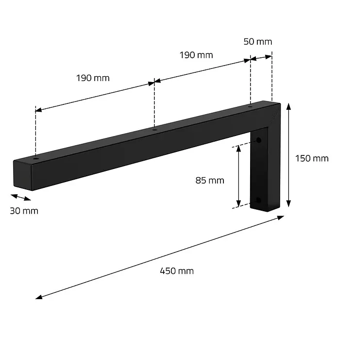 Wandkonsole 2er Set L-Form 450x150 mm Schwarz aus Stahl -  - Schwarze L-förmige Metallregalhalterung mit Befestigungslöchern und Maßen.