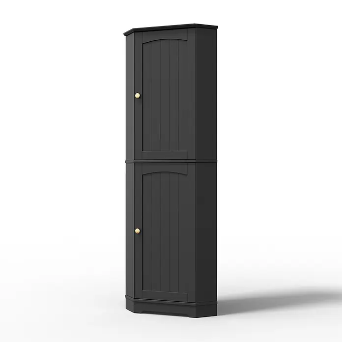 SONNENH Eckschrank mit 2 Türen, Schwarz -  - Hoher, dunkelgrauer Eckschrank mit zwei vertikalen Lamellentüren und goldenen Knäufen.