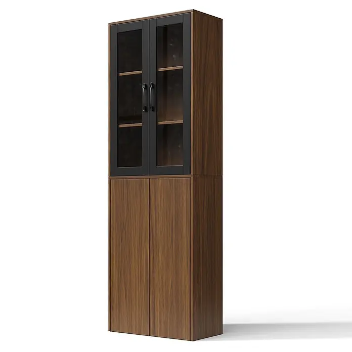 SONNENH Hochschrank mit Glastüren und Vorratsauszug, Holzoptik/Schwarz -  - Hoher Schrank aus dunklem Holz mit schwarz gerahmten Glastüren oben und massiven Holztüren unten, vielseitiger Stauraum.
