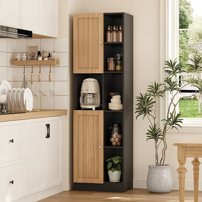 SONNENH Hochschrank mit 2 Türen und offenen Fächern, Anthrazit/Eiche -  - Hoher Küchenschrank mit Holztüren und dunkelgrauen offenen Regalen zur Küchenorganisation.