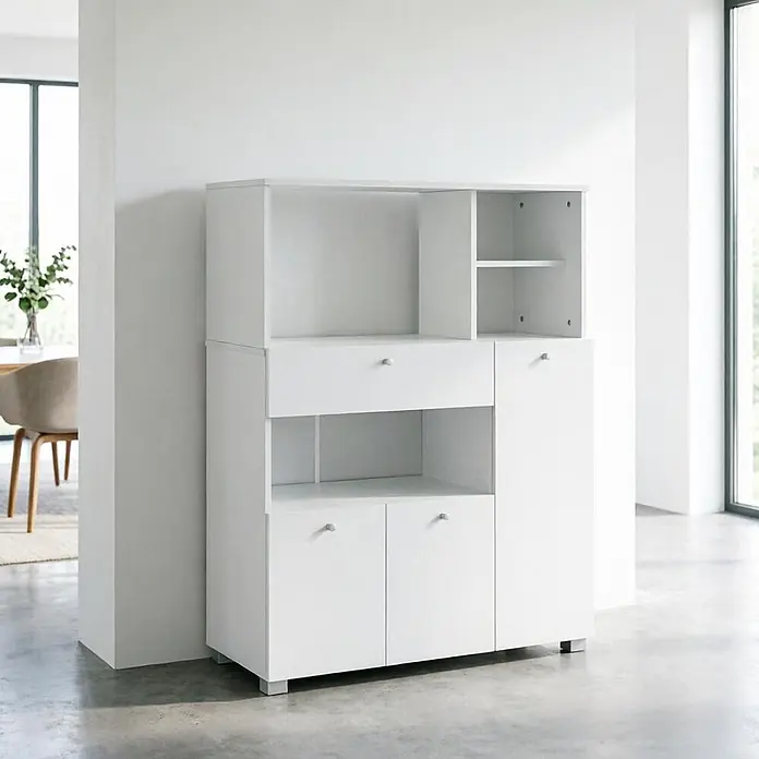 SONNENH Mehrzweckschrank mit offenen Fächern und Schublade, Weiß -  - Weißer Aufbewahrungsschrank mit offenen Fächern, Schublade und geschlossenen Türen.
