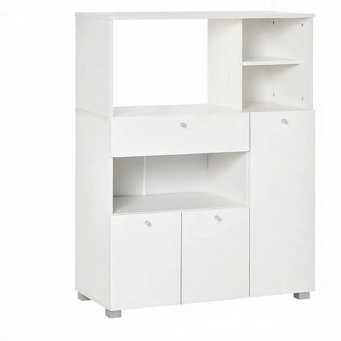 SONNENH Mehrzweckschrank mit offenen Fächern und Schublade, Weiß -  - Weißer Aufbewahrungsschrank mit mehreren offenen Fächern, einer Schublade und drei geschlossenen Abteilen. Mit transparenten Griffen und silbernen Füßen.