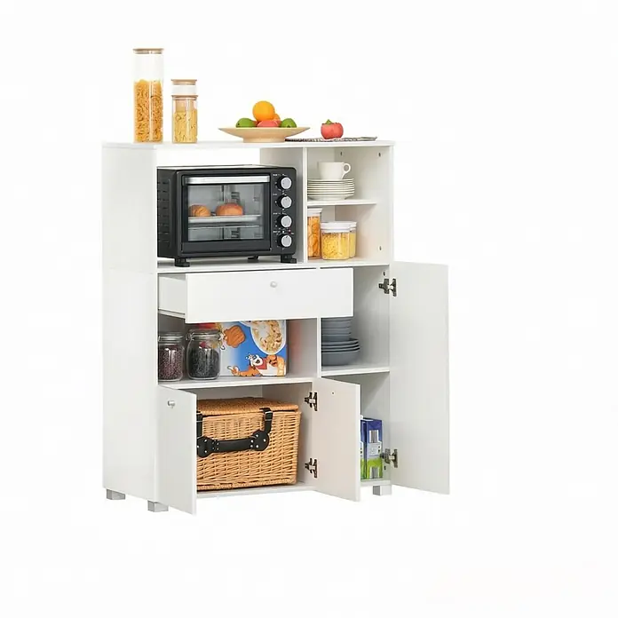 SONNENH Mehrzweckschrank mit offenen Fächern und Schublade, Weiß -  - Weißer Küchenschrank mit Regalen, Schublade und Türen, bestückt mit Mikrowelle, Geschirr und Lebensmitteln.