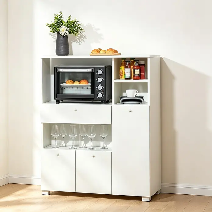 SONNENH Mehrzweckschrank mit offenen Fächern und Schublade, Weiß -  - Weißer Mikrowellenschrank mit Ofen, Weingläsern und Flaschen, bietet Küchenstauraum.
