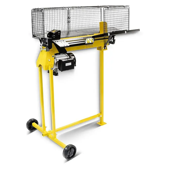 BAMATO Brennholzspalter HO-7E 7t Spaltkraft 2200W Untergestell -  - Gelber elektrischer Holzspalter mit schwarzem Schutzgitter, Motor und Rädern zum einfachen Transport.