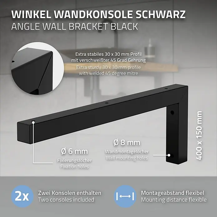 ML-Design Wandkonsole Regalwinkel L-Form Schwarz Konsolenträger Regalträger Halterung - L x B x H: 400 x 30 x 150 mm, Belastbarkeit: 50 kg, Stahl