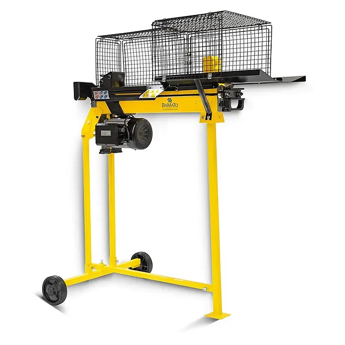 BAMATO Brennholzspalter HO-7E 7t Spaltkraft 2200W Untergestell -  - Gelber elektrischer Holzspalter mit schwarzem Schutzgitter, montiert auf einem mobilen Ständer mit Rädern.