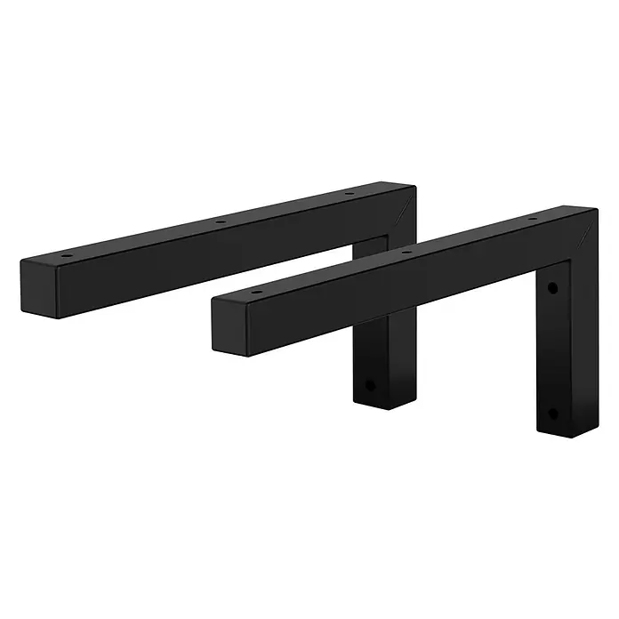 Wandkonsole 2er Set L-Form 300x150 mm Schwarz aus Stahl -  - Zwei schwarze L-förmige Regalhalterungen aus Metall mit vorgebohrten Löchern zur Befestigung.