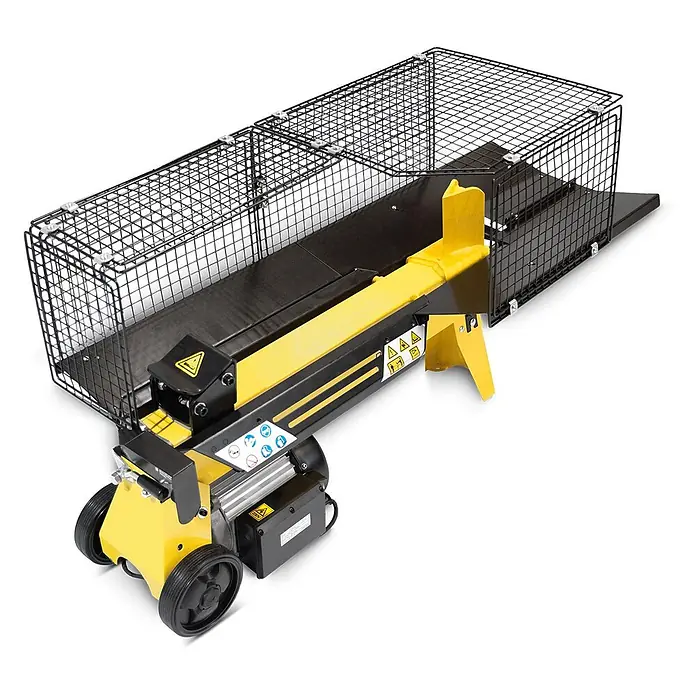 BAMATO Brennholzspalter HO-7E 7t Spaltkraft 2200W Untergestell -  - Gelb-schwarzer Elektro-Holzspalter mit Schutzgitter und Rädern, schräg von oben.