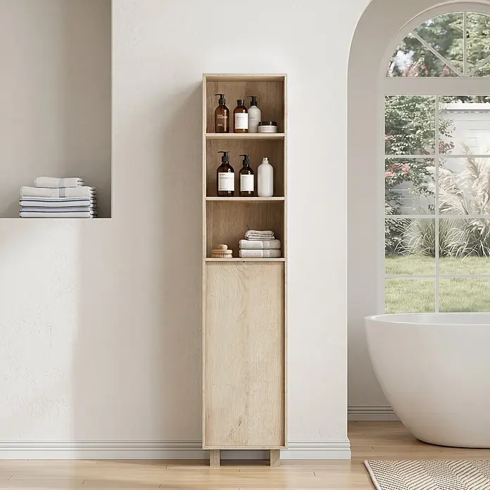 SONNENH Hochschrank mit offenen Fächern, Eichenoptik -  - Heller Holz-Badezimmerschrank mit offenen Regalfächern für Flaschen und Handtücher, sowie einem geschlossenen Unterschrank.