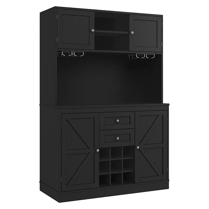 SONNENH Küchen-Mehrzweckschrank mit Weinregal, Schwarz -  - Schwarze Buffetvitrine mit Oberschränken, Weinglashaltern, offenen Fächern, Schubladen und einem Weinregal.