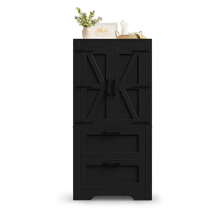 SONNENH Mehrzweckschrank mit zwei Schubladen, Schwarz -  - Schwarzer Hochschrank mit oberen Scheunentüren, zwei unteren Schubladen und dunklen Metallbeschlägen.