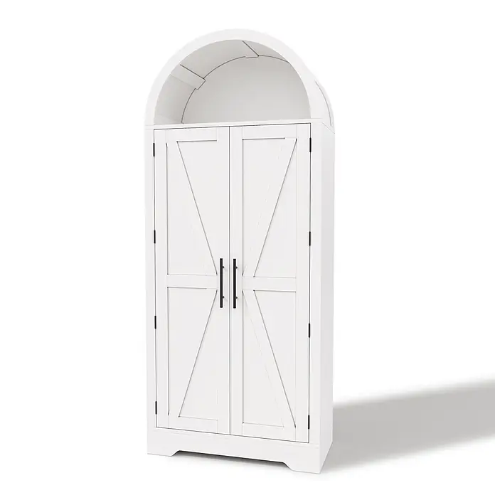 SONNENH Mehrzweckschrank mit Bogenabschluss und zwei Türen, Weiß -  - Weißer gewölbter Aufbewahrungsschrank mit zwei Scheunentor-Stil Schranktüren und schwarzen Griffen.