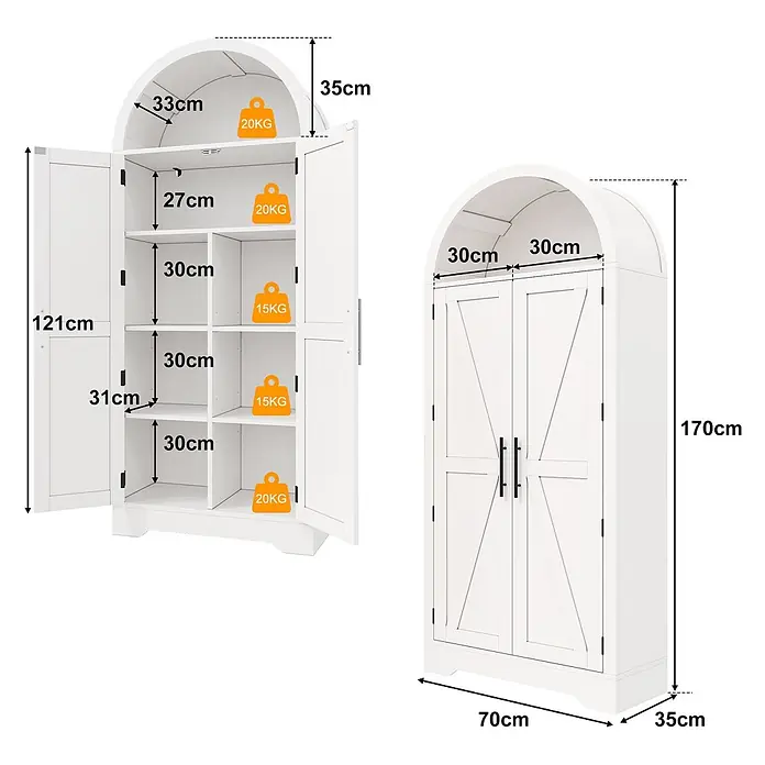 SONNENH Mehrzweckschrank mit Bogenabschluss und zwei Türen, Weiß -  - Weißer Bogenschrank mit Scheunentüren, mehreren Innenregalen und markierten Maßen für Höhe, Breite, Tiefe und Tragfähigkeiten.