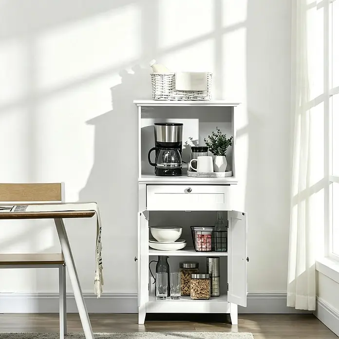 SONNENH Küchenschrank mit Gerätenische und Schublade, Weiß -  - Weißer Holzschrank mit mehreren Regalen und einer Schublade, zur Aufbewahrung von Küchenutensilien wie Kaffeemaschine, Geschirr und Gläsern.