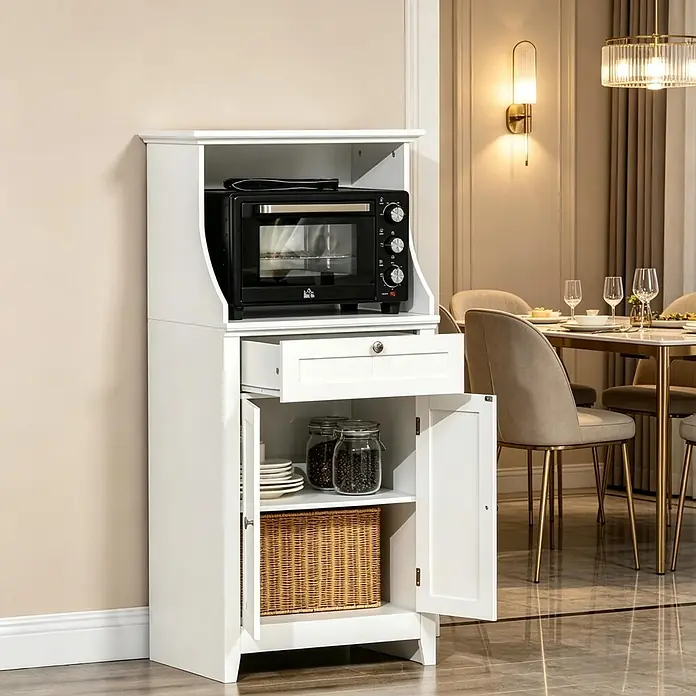 SONNENH Küchenschrank mit Gerätenische und Schublade, Weiß -  - Weißer Küchenschrank mit schwarzem Ofen, geöffneter Schublade und Stauraum mit Gläsern und Korb.