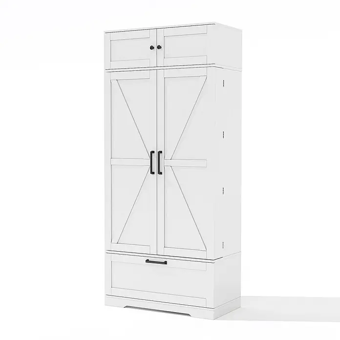 SONNENH Hochschrank mit Weinfach und Türregalen, Weiß -  - Hoher weißer Vorratsschrank im Scheunentor-Stil mit schwarzen Griffen und einer unteren Schublade.