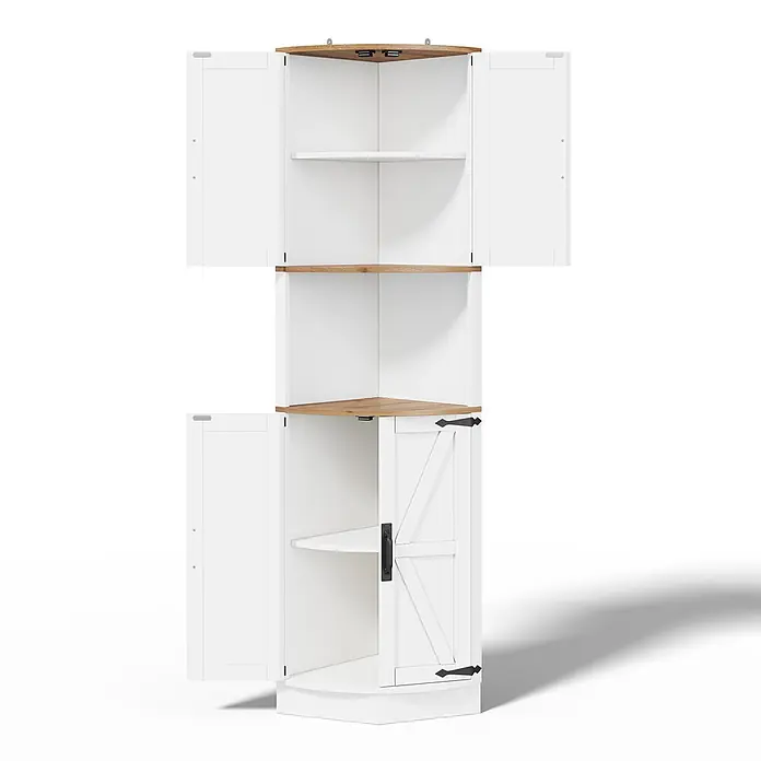 SONNENH Eck-Mehrzweckschrank mit 5 Staufächern, Weiß/Braun -  - Weißer Eckschrank mit Naturholzplatten und Innenregalen. Die untere rechte Tür hat ein Scheunentor-Design.