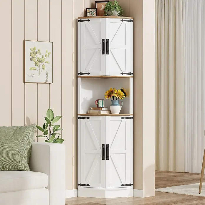 SONNENH Eck-Mehrzweckschrank mit 5 Staufächern, Weiß/Braun -  - Weißer Eckschrank im Scheunentor-Stil mit Holzoptik-Akzenten für Wohnzimmer-Stauraum.