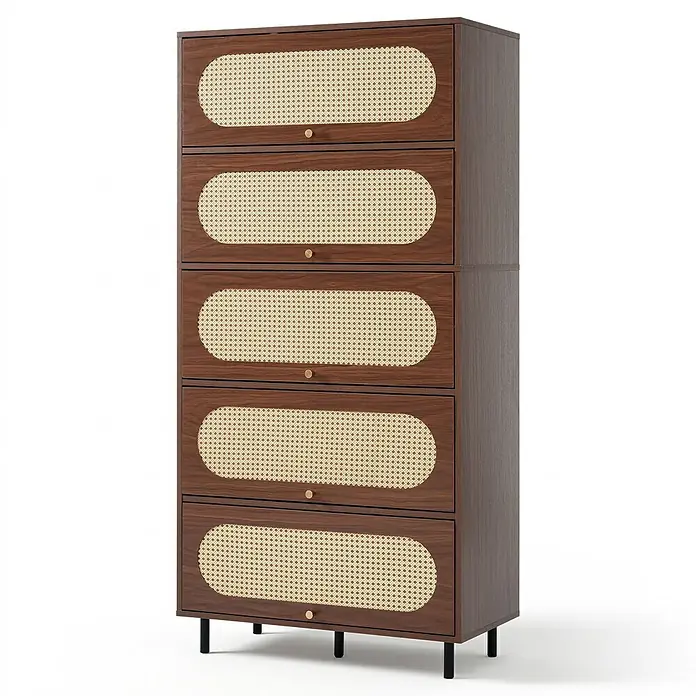 SONNENH Hochschrank mit 5 Klappen und Rattaneinsätzen, Nussbaum -  - Hohe dunkelbraune Kommode mit fünf ovalen Schubladen mit Rattangeflecht und goldenen Knöpfen auf schwarzen Beinen.