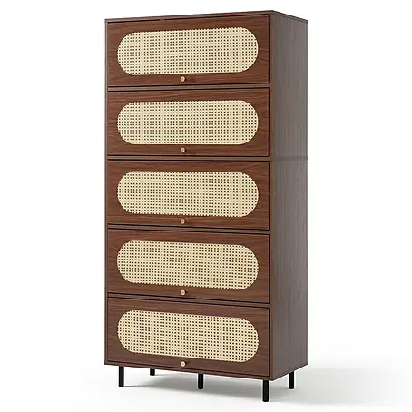 SONNENH Hochschrank mit 5 Klappen und Rattaneinsätzen, Nussbaum