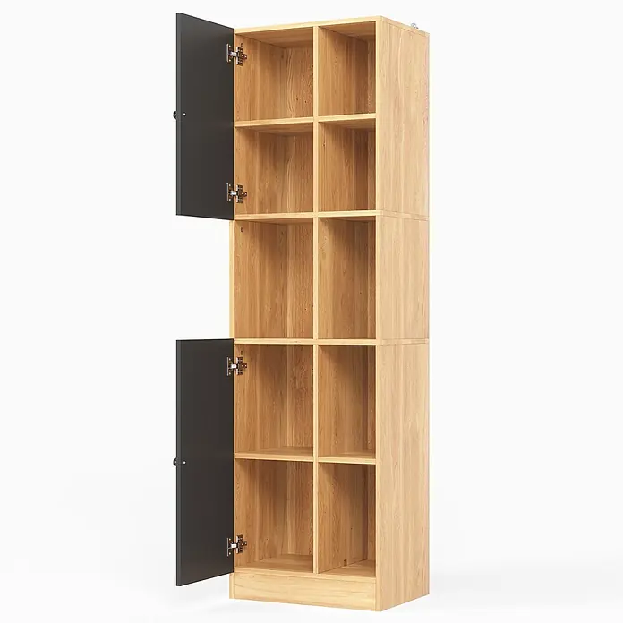 SONNENH Mehrzweckschrank mit offenen Fächern, Anthrazit/Eichenoptik -  - Hoher heller Holzschrank mit 10 offenen Fächern und zwei dunkelgrauen Drehtüren oben und unten, beide geöffnet.