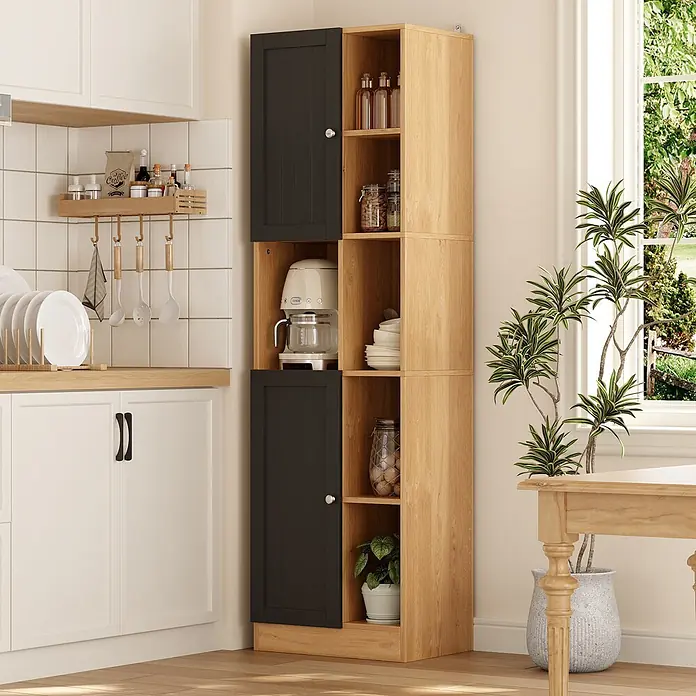SONNENH Mehrzweckschrank mit offenen Fächern, Anthrazit/Eichenoptik -  - Hoher Küchenschrank mit hellem Holzrahmen und dunkelgrauen Türen. Bietet offene Fächer und geschlossenen Stauraum für Küchenutensilien.
