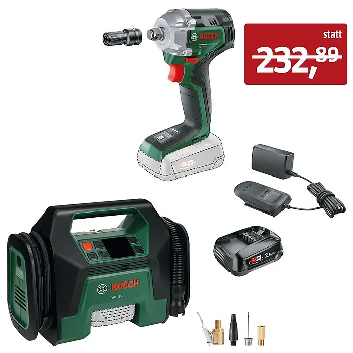 Bosch Maschinen-Set Reifenwechsel - 18 V, 1 Akku, 2,5 Ah - Grüner und schwarzer Bosch Schlagschrauber, Luftpumpe, Akku, Ladegerät und diverses Zubehör für Heim- und Autoarbeiten.