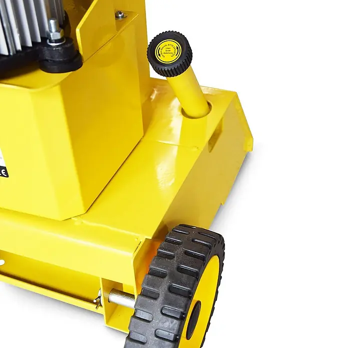 BAMATO Holzspalter HO-8E 8t Spaltkraft 400V Elektroantrieb -  - Gelbe Maschinenbasis mit schwarzem Rad und schwarzem Schraubverschluss für Entlüftung oder Flüssigkeitszugang.