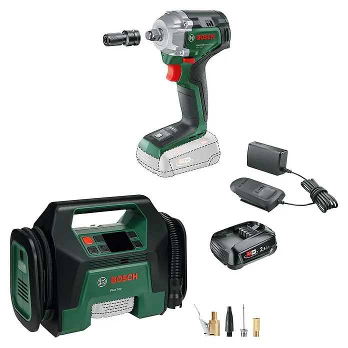 Bosch Maschinen-Set Reifenwechsel - 18 V, 1 Akku, 2,5 Ah - Bosch 18V Akku-Schlagschrauber, Luftpumpe, Akku, Ladegerät und Düsen in Grün und Schwarz.