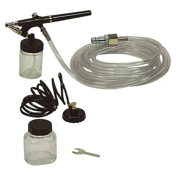 Craftomat Airbrush-Set - 5 -tlg., Betriebsdruck: 3 bar, Luftverbrauch: 10 l/min - Airbrush-Set mit Spritzpistole, Gläsern, Schlauch und Zubehör für präzise Farbaufträge und Modellbau.