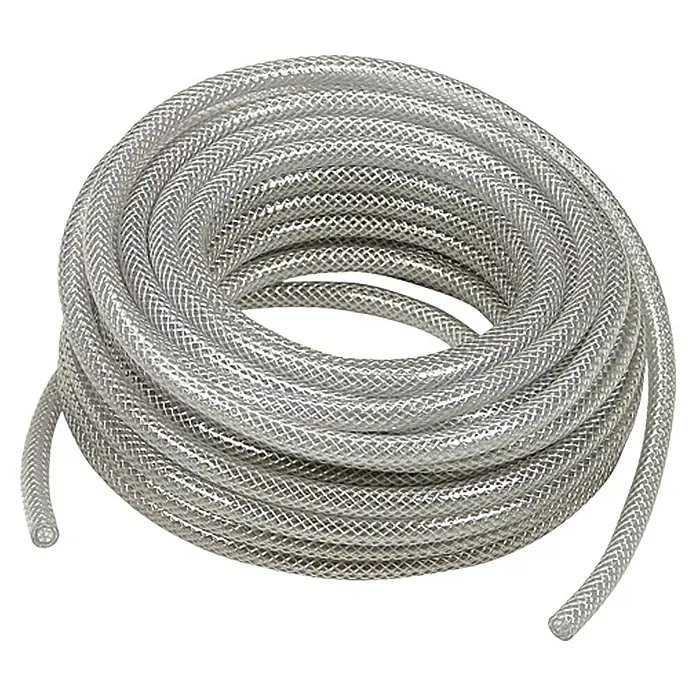 Craftomat Druckluftschlauch Eco - Länge: 15 m, Schlauchdurchmesser: 6 mm - Aufgerolltes Silberfarbenes verstärktes Vinyl-Rohr, ideal für den Einsatz in verschiedenen industriellen und handwerklichen Anwendungen.