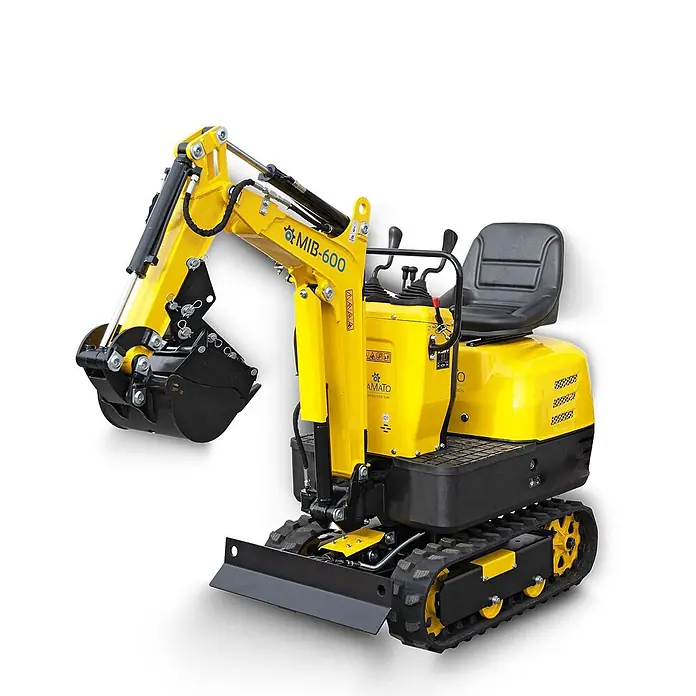 BAMATO Haltekralle & Greifer 2in1 für Minibagger MIB-600 -  - Gelber und schwarzer Minibagger mit Ketten, Hydraulikarm und Schaufel. Modell MIB-600.