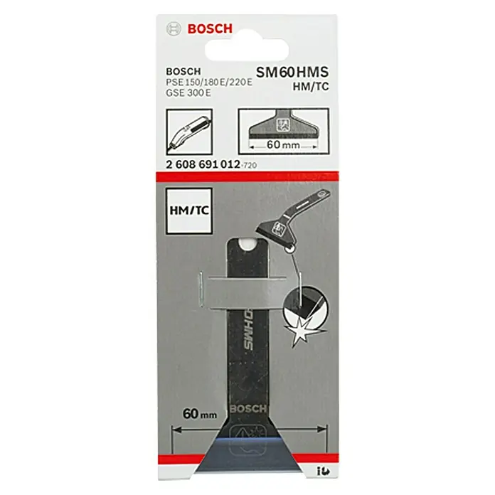 Bosch Cuchilla rascadora SM 60 HMS - Ancho: 60 mm, Cuchilla rectificada - La imagen muestra una hoja rascadora Bosch SM60 HMS, una herramienta para eliminar adhesivos y residuos de mortero.