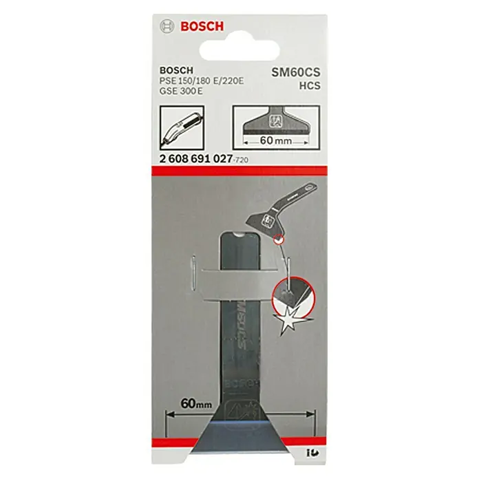 Bosch Cuchilla rascadora SM 60 CS moquetas - Ancho: 60 mm - La imagen muestra un rascador Bosch SM60CS HCS, una herramienta diseñada para eliminar residuos de adhesivo, pintura y otros materiales de superficies.
