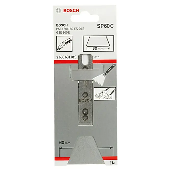 Bosch Espátula de raspado SP 60 C - Ancho: 60 mm, Hoja flexible - Rascador Bosch SP60C para PSE 150/180 E/220 E y GSE 300 E, un accesorio indispensable para la eliminación eficiente de material.
