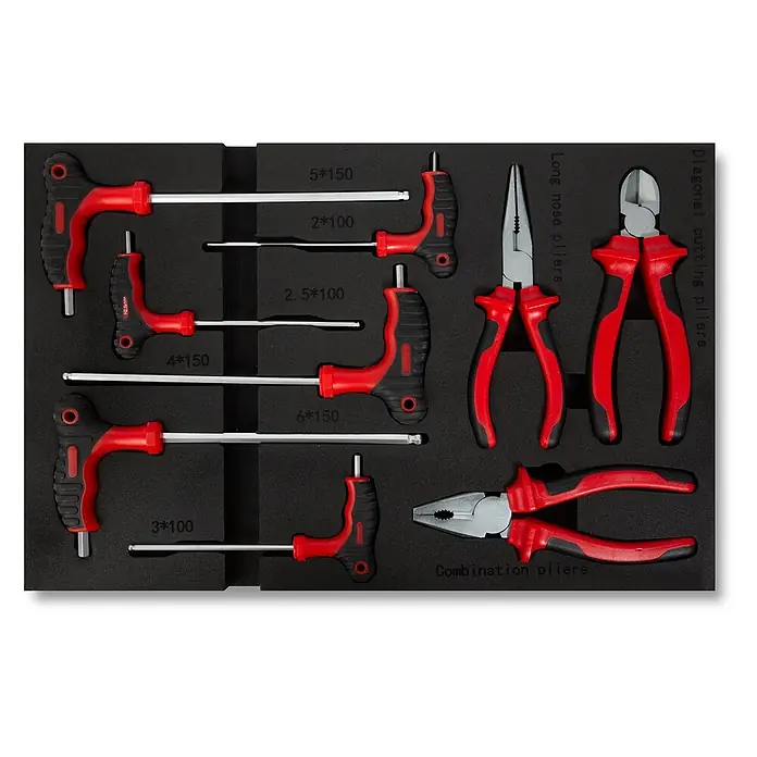 EBERTH Werkzeug-Set Werkzeug-Set 81-tlg., 4 Einlagen, KFZ & Werkstatt, rot - 81 -tlg. - Rotes und schwarzes T-Griff-Inbusschlüsselsatz und drei Zangentypen (Spitzzange, Seitenschneider, Kombizange) in schwarzem Schaumstofforganizer.