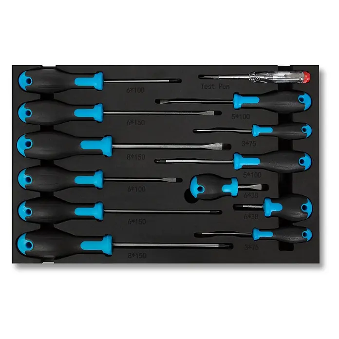 EBERTH Werkzeug-Set Werkzeug-Set 81-tlg., 4 Einlagen, KFZ & Werkstatt, blau - 81 -tlg. - Schraubendreher-Set mit schwarzen/blauen Griffen und einem Teststift, in schwarzem Schaumstoff-Werkzeugfach. Enthält Kreuz- und Schlitzschraubendreher.