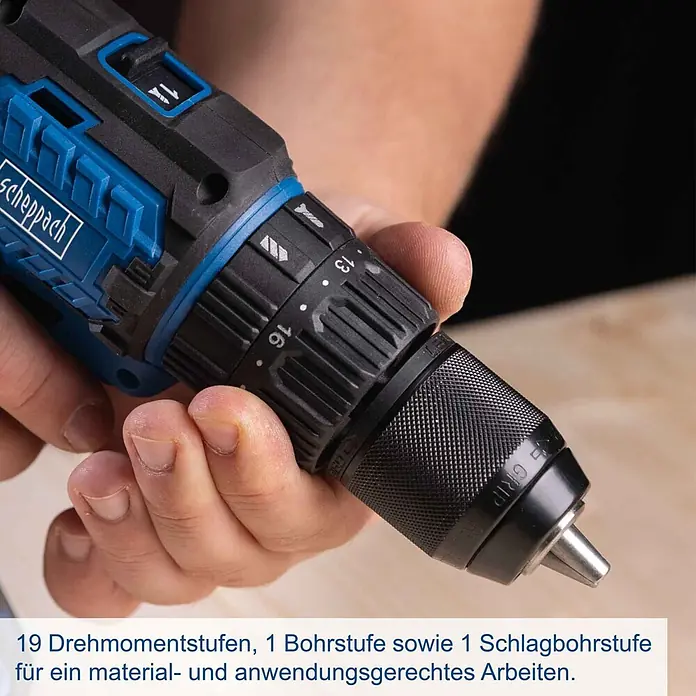 Scheppach IXES 20V Akku-Schlagbohrschrauber BC-CD60-X - 20 V, Ohne Akku, 60 Nm - Blauer und schwarzer Akkuschrauber mit einstellbarer Drehmoment- und Bohrmodus, von Hand gehalten.