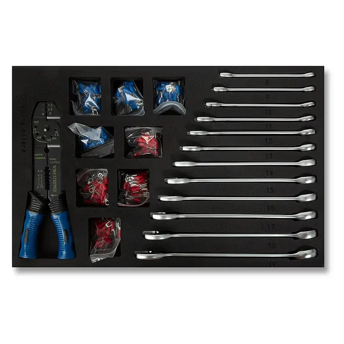 EBERTH Werkzeug-Set Werkzeug-Set 81-tlg., 4 Einlagen, KFZ & Werkstatt, blau - 81 -tlg. - Crimpzangen-Set mit blauen und roten Kabelschuhen und einem Satz silberner Maulschlüssel, ordentlich in schwarzem Schaumstoff eingelegt.