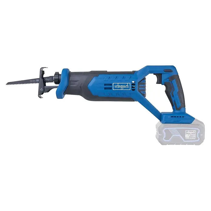 Scheppach IXES 20V Akku-Säbelsäge C-RS100-X - 20 V, Hublänge: 20 mm - Blaue und schwarze Scheppach Akku-Säbelsäge mit Metallklinge und angeschlossenem Akku.